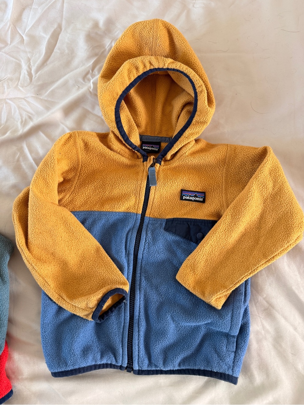 Patagonia Kids Hooded Fleece Jacket in Mustard Yellow & Denim Blue